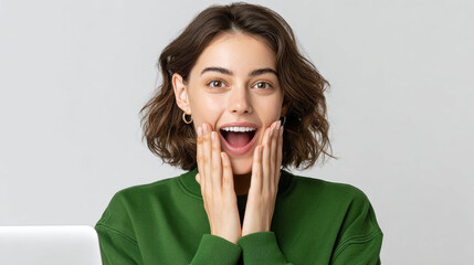 Young woman expressing excitement with hands on her face, smiling joyfully. She has medium length hair and is wearing green sweater. background is neutral, enhancing her cheerful demeanor