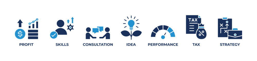 The Idea Builders  Icons set vector illustration blue with Profit , Skills, Consultation, Idea, Performance, Tax, Strategy