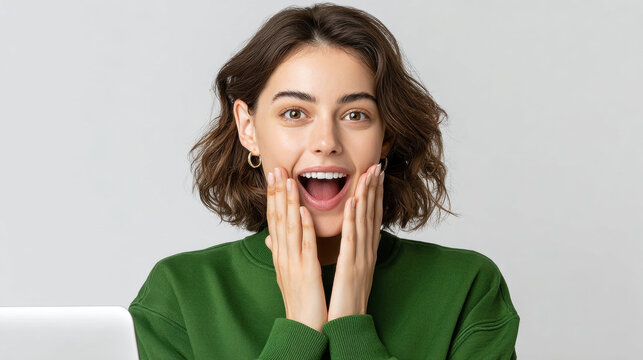 Young woman expressing excitement with hands on her face, smiling joyfully. She has medium length hair and is wearing green sweater. background is neutral, enhancing her cheerful demeanor