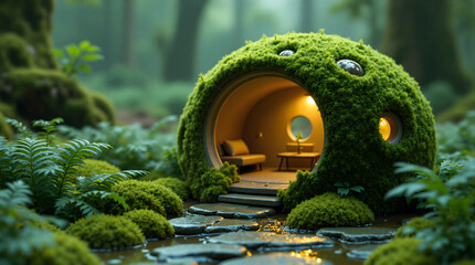 A charming, round dwelling covered in vibrant green moss, nestled in a magical, lush forest. Stone steps lead to its warmly lit interior, reflecting a serene and enchanting fantasy world.