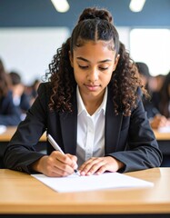 a teenager school girl sitting her exams wearing school uniform 