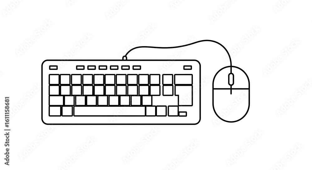 Poster minimalist outline illustration of a wired computer keyboard and mouse for an office workspace on a 