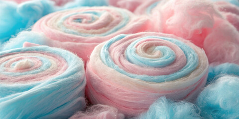 Delicate swirls of pastel pink and blue cotton candy create whimsical texture, evoking sense of nostalgia and joy. soft, fluffy strands invite playful experience
