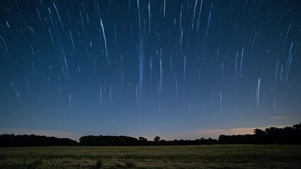 Star trails over grassy field and silhouetted trees against a deep blue night sky - Powered by Adobe