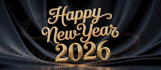 Elegant Happy New Year 2026 on a Black Silk BackgroundTags:
