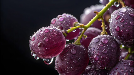 Purple Grapes, Refreshing Moisture: A close-up shot of juicy purple grapes glistens with droplets, showcasing nature's sweet treasure.