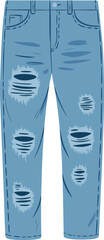 Flat vector illustration of distressed ripped blue denim jeans, cad drawing of fashionable casual pants, modern streetwear style for clothing design and apparel presentation