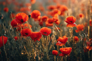 Obraz premium Sunlight illuminates a field of blooming poppies, a symbol of remembrance for those who served and sacrificed during the Second World War in Europe.