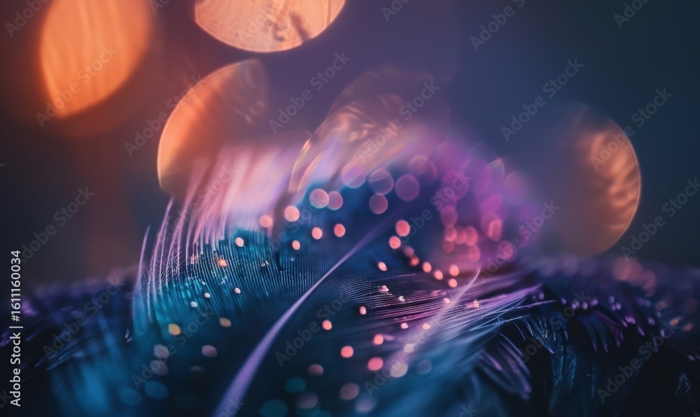 Poster colorful feather macro with dreamy bokeh lighting for abstract art design
