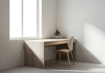 A minimalist workspace featuring a wooden desk and a chair, positioned near a large window. A small potted plant adds a touch of greenery to the serene environment.