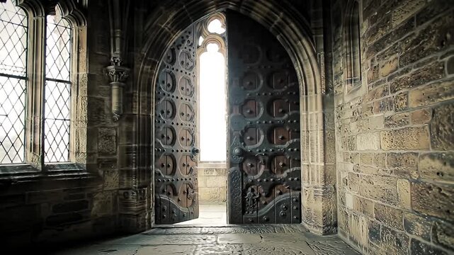 Large, studded wooden door opens to a sunlit hallway within a stone castle