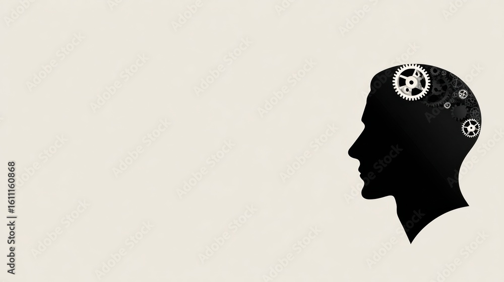Poster human silhouette with gears inside head symbolizing thought process and creativity in a minimalist d