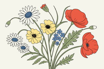 Obraz premium Bukiet polnych kwiatów z makami i stokrotkami. Romantyczna dekoracja.