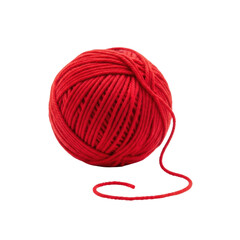 A perfectly spherical deep scarlet red plush wool yarn ball with soft fluffy texture, individual fibers, and an elegant loose thread loop, isolated on a transparent studio background with bright,
