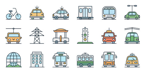 Fototapeta premium transportation-themed outline icons. Include electric car, hybrid car, hydrogen fuel cell car, solar car, autonomous car, taxi, rideshare vehicle, shuttle van, airport shuttle, hotel shuttle