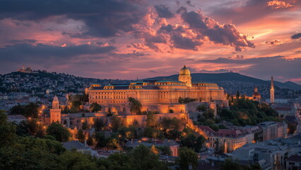 Obraz premium Budapest historic castle highlighted by the orange sunset, sky with purple hue.