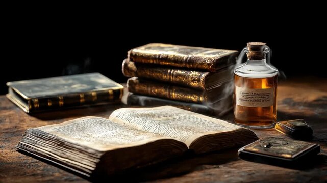 A dimly lit wooden table holds antique books, a potion bottle emitting steam, and old, worn trinkets.  The scene suggests alchemy or historical study