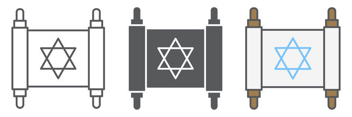 Jewish torah icon collection, rosh hashanah and scroll, torah sign vector set graphics, editable stroke linear icon, eps 10
