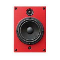 Red speaker with a prominent black grille showcasing a subwoofer design and a tweeter on top for balanced sound distribution on transparent background