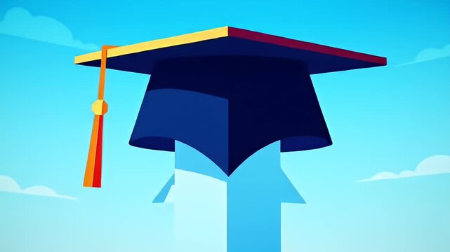 Graduation cap half yellow, half red with a blue base against a light blue sky