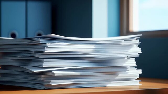 Office stack of papers resting on a desk, with binders and window in background
