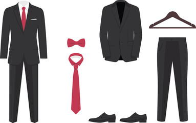 Formal suit vector illustration, men’s fashion outfit, business attire technical sketch, black tuxedo design, red tie and bow, stylish formal wear drawing