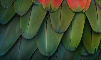 Obraz premium Green and red bird feathers close up detailed natural texture pattern