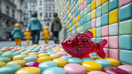 Chromatic Urban Oasis: A Close-Up of a Delightful Fish Figurine in a World of Colorful Confections

