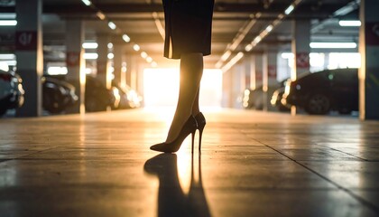 Fototapeta premium Woman in High Heels Standing in Parking Garage with Sun Flare