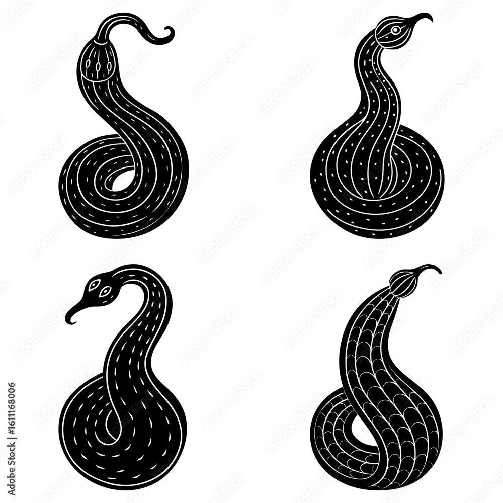Poster four stylized black snakes coiled and standing with unique patterns on a white background design art