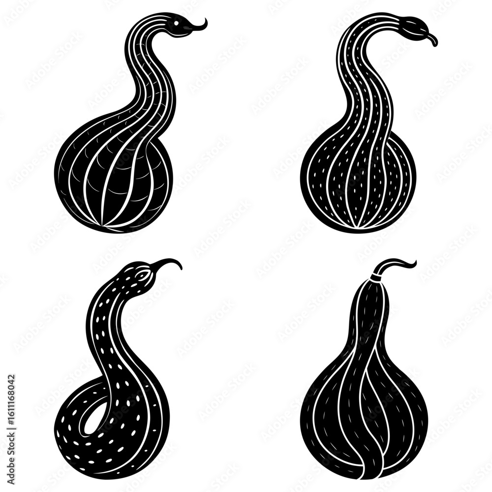Poster four black and white stylized gourd shapes with curved necks and decorative patterns arranged in a s