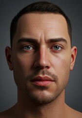 Fototapeta premium Close-up portrait of a man with short dark hair, light skin, and blue eyes, looking directly at the viewer against a neutral gray background.