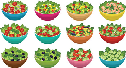 Fresh vegetable salad bowls, healthy food, organic greens, colorful ingredients, diet meal, vegetarian dishes, lunch ideas, clean eating concept, top view, isolated illustration