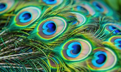 Obraz premium Peacock feathers macro close up displaying iridescent color and pattern
