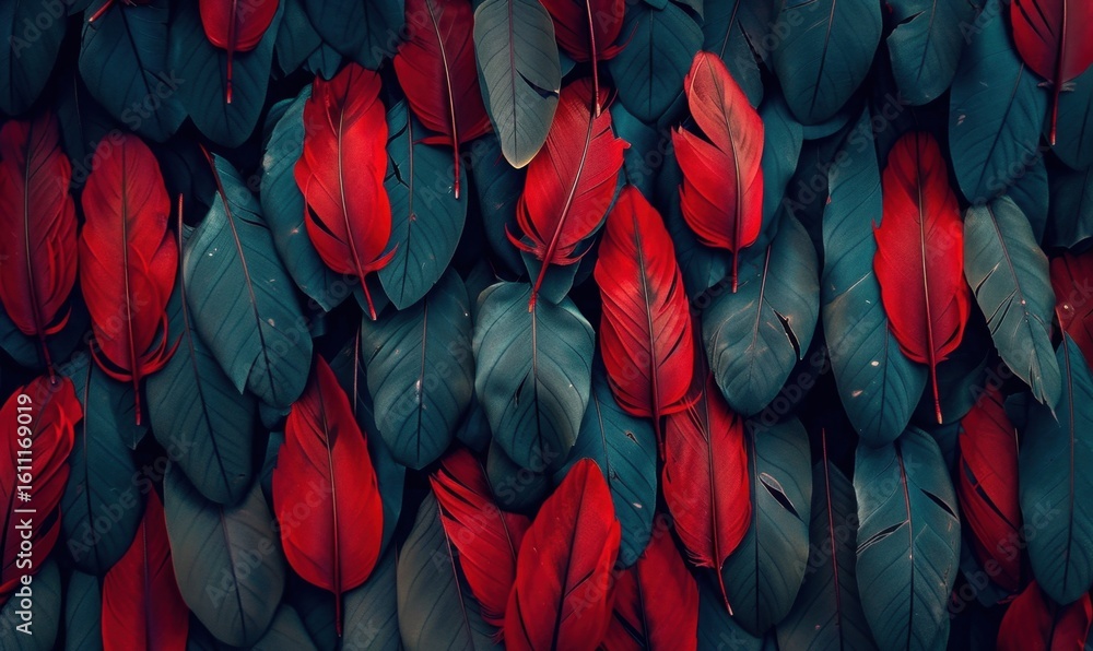 Poster red and teal feather arrangement background pattern texture close up