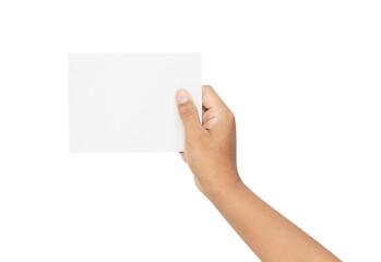 Fototapeta premium Hand holding blank paper label and mockup for design advertising on isolated white background