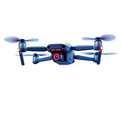 Obraz premium Isolated drone with camera and propellers facing forward against a black background in studio lighting