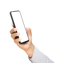 Hand holding the black smartphone with mockup of blank screen on isolated white background
