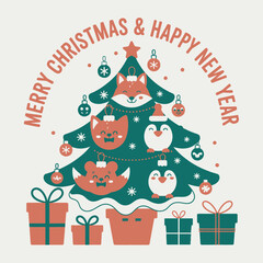 Fototapeta premium Whimsical Holiday Season Tree with Animal Ornaments and Gift Boxes Design Template