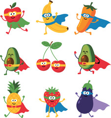 Funny superhero fruits and vegetables cartoon characters, healthy food illustration for kids, colorful comic produce set, vector fruit hero collection