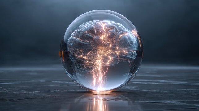 AI brain core floating in glass sphere, pulsing with energy - Powered by Adobe