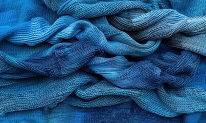 Textured flowing blue fabric waves background textile pattern close up