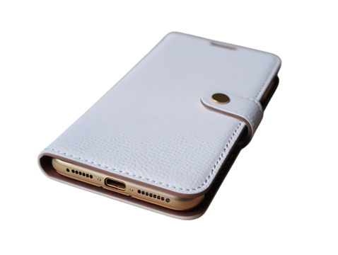 White leather flip phone case isolated on transparent background