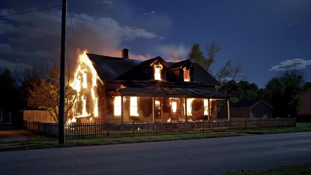Burning house at night