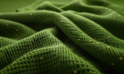Textured knit fabric green weave soft draping background close up