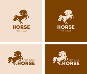 Versatile logo set with horse. Side view of rearing strength horse kicks hoof, mane flutters in the wind. Design on light and dark background. Vector illustration