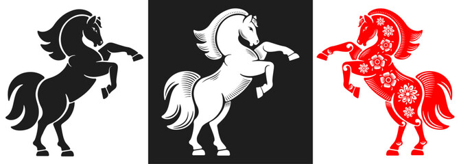 Rear up horse set. Stylized silhouettes of horse, plain, sketch and with flowers. Isolated on white and black background. Horse logo design. 2026 Chinese New Year of the Horse. Vector illustration