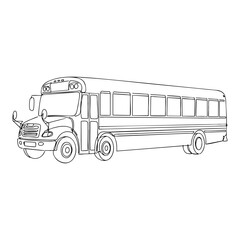 Vector line art of a classic school bus with detailed windows and front lights in side view.