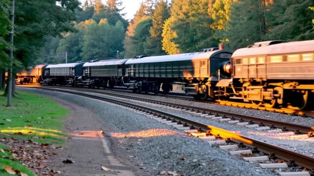 Train Journey Through Lush Green Forest: Scenic Railroad Adventure at Sunset.