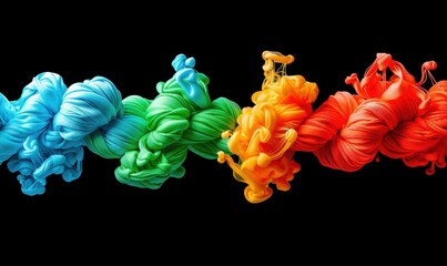 Vibrant abstract of colourful ink swirls suspended in water on dark backdrop